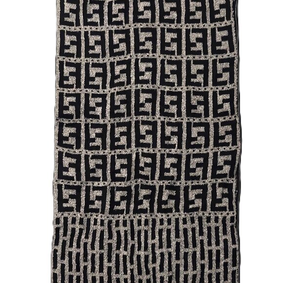 Vintage FENDI Black & Silver Monogram & Geometric Print Scarf with Black Fringes - Picture 5 of 8
